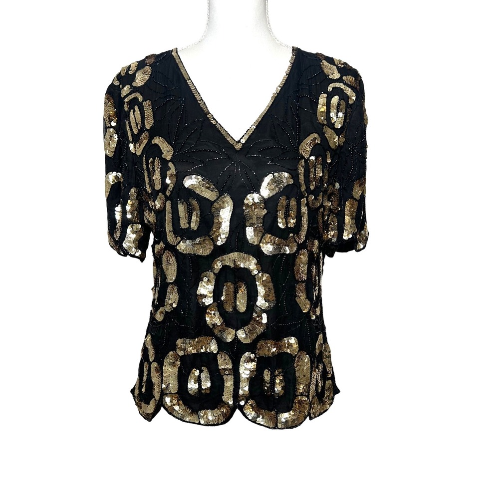 Scala VTG 80's Women Blouse Black Gold Sequin Beaded Silk Art Deco V-Neck XL**
